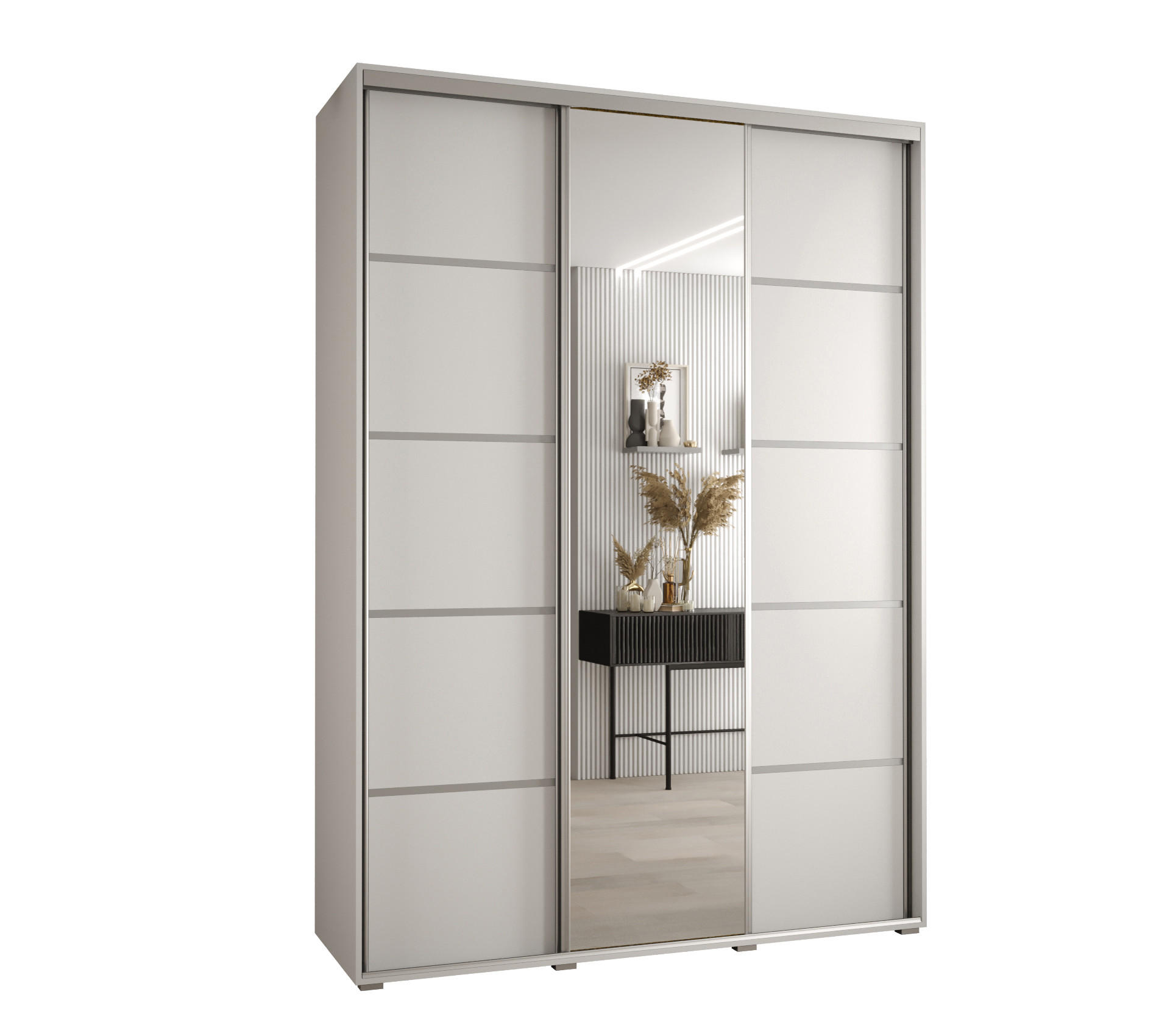 Abiks Möbel Schwebetürenschrank Weiß, Weiß, Silber 170x235x45 cm