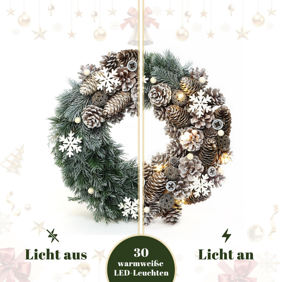WEIHNACHTSKRANZ mit LED Beleuchtung & Timer - Dunkelgrün, Naturmaterialien (35cm) - Hometopia