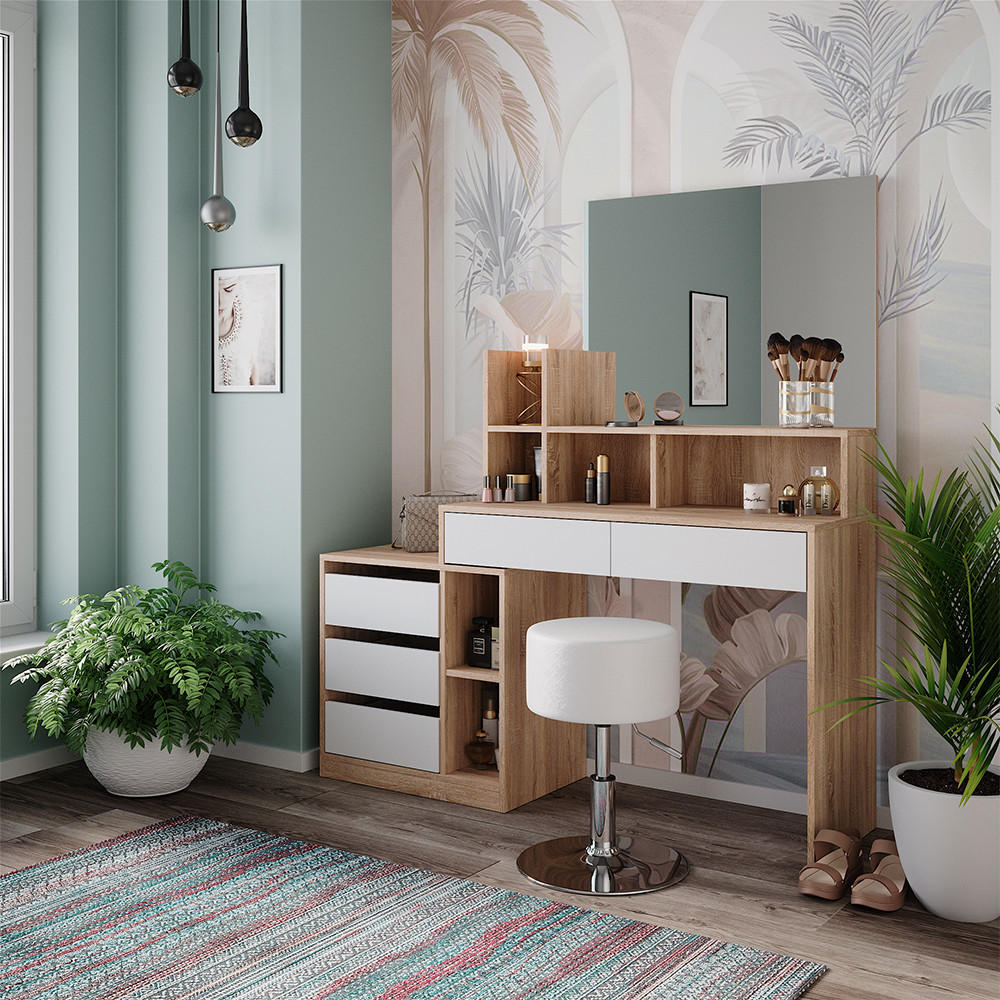 SCHMINKTISCH Anja Weiß/Sonoma 139.8 cm mit Hocker - Weiß/Sonoma Eiche, Holzwerkstoff (139.8/115/40cm) - Vicco