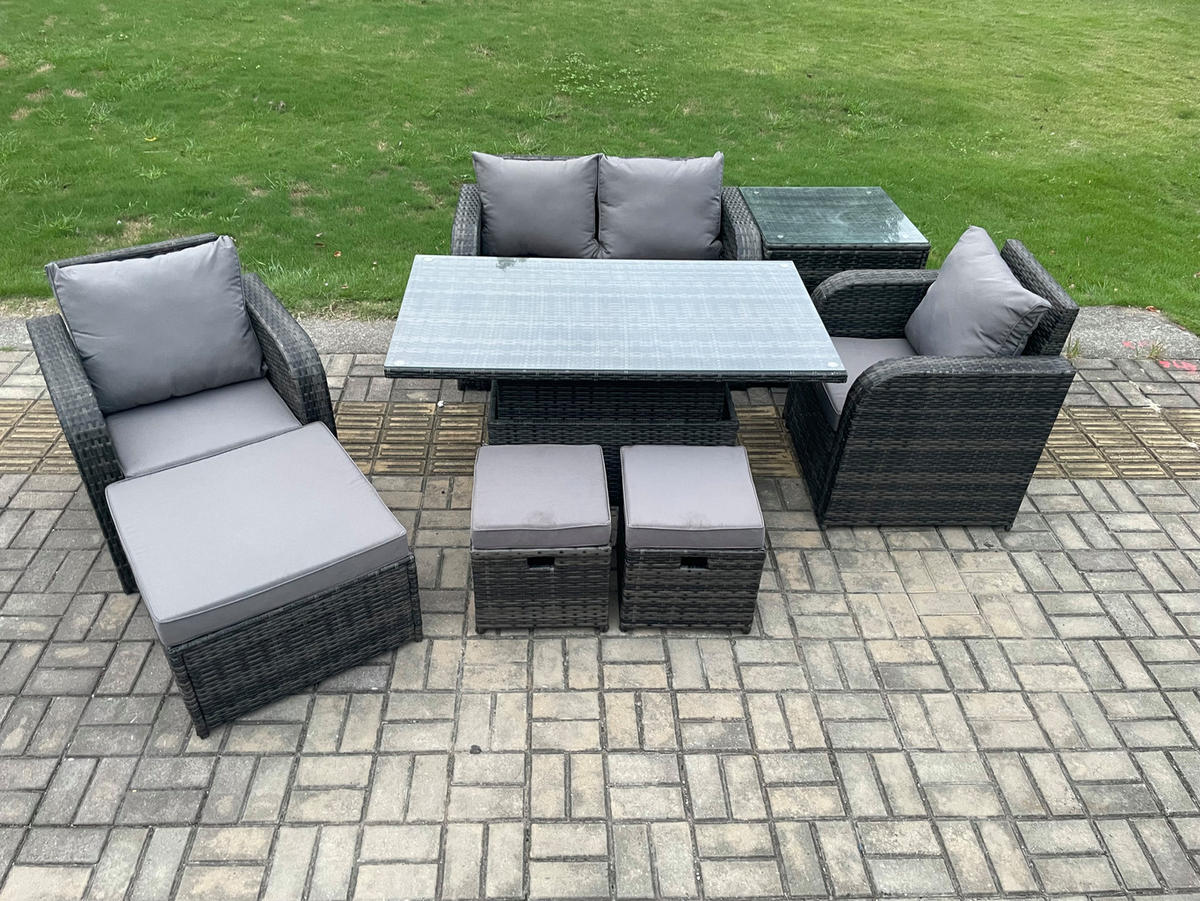 GARTENMÖBEL SET mit Hocker Polyrattan 7-Sitzer - Dunkelgrau/Grau, Glas/Kunststoff - Fimous