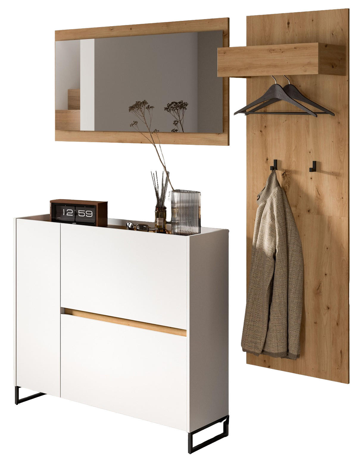 GARDEROBE-SET weiß und Artisan Eiche, Garderobe 3-teilig, 175 x 192 cm, Soft-Close, Borga - Schwarz/Weiß, Holzwerkstoff/Metall (175/192/32cm) - Inn.Furn
