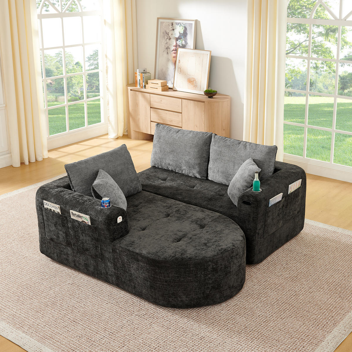 ECKSOFA DE-35043 L-Form mit Becherhalter Schwarz - Schwarz, Textil (170/255cm) - ComfortXL