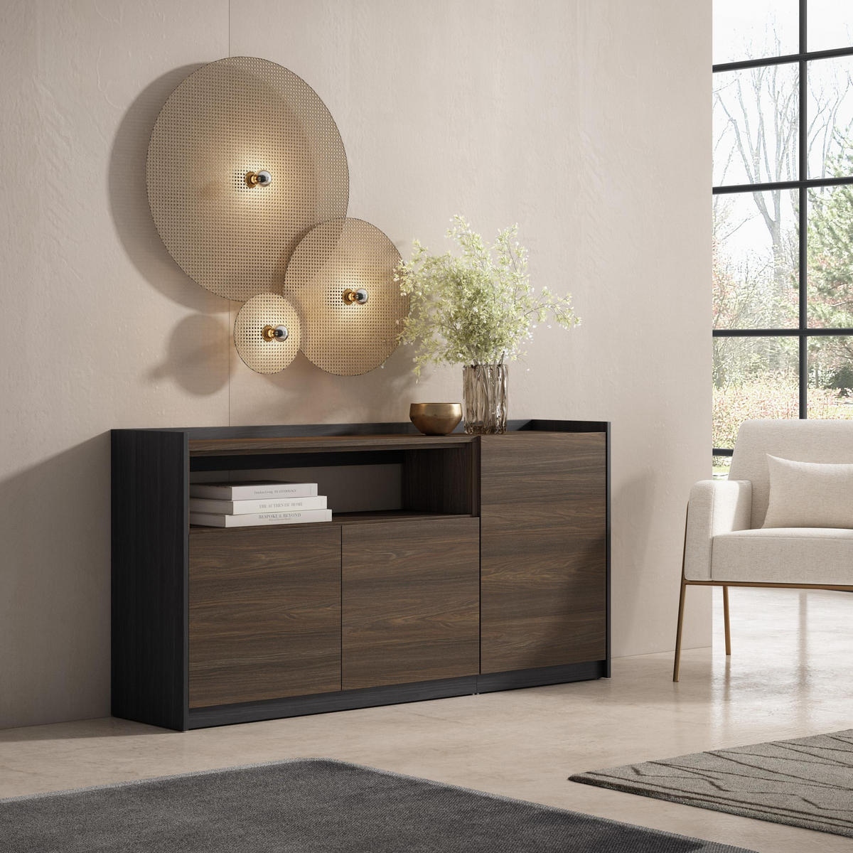 SIDEBOARD, Highboard, Dunkler Eiche und Schwarz, 156/37/80cm - Dunkelbraun, Holzwerkstoff (156/80/37cm) - Skraut Home
