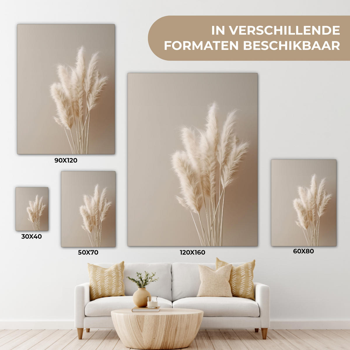 LEINWANDBILD Pampasgras - Federn - Pastell - Weiß Room Decor 30x40 cm - Naturfarben, Textil (30/40cm) - MuchoWow