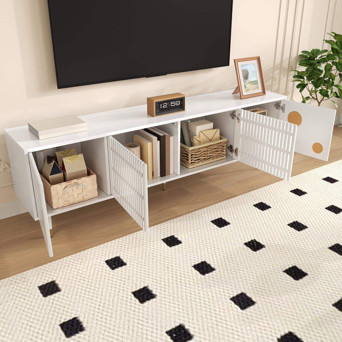 TV-SCHRANK Lowboard 2 Türen Holz Golddekor - Weiß, Holz (170/54/36cm) - LEBENLANG