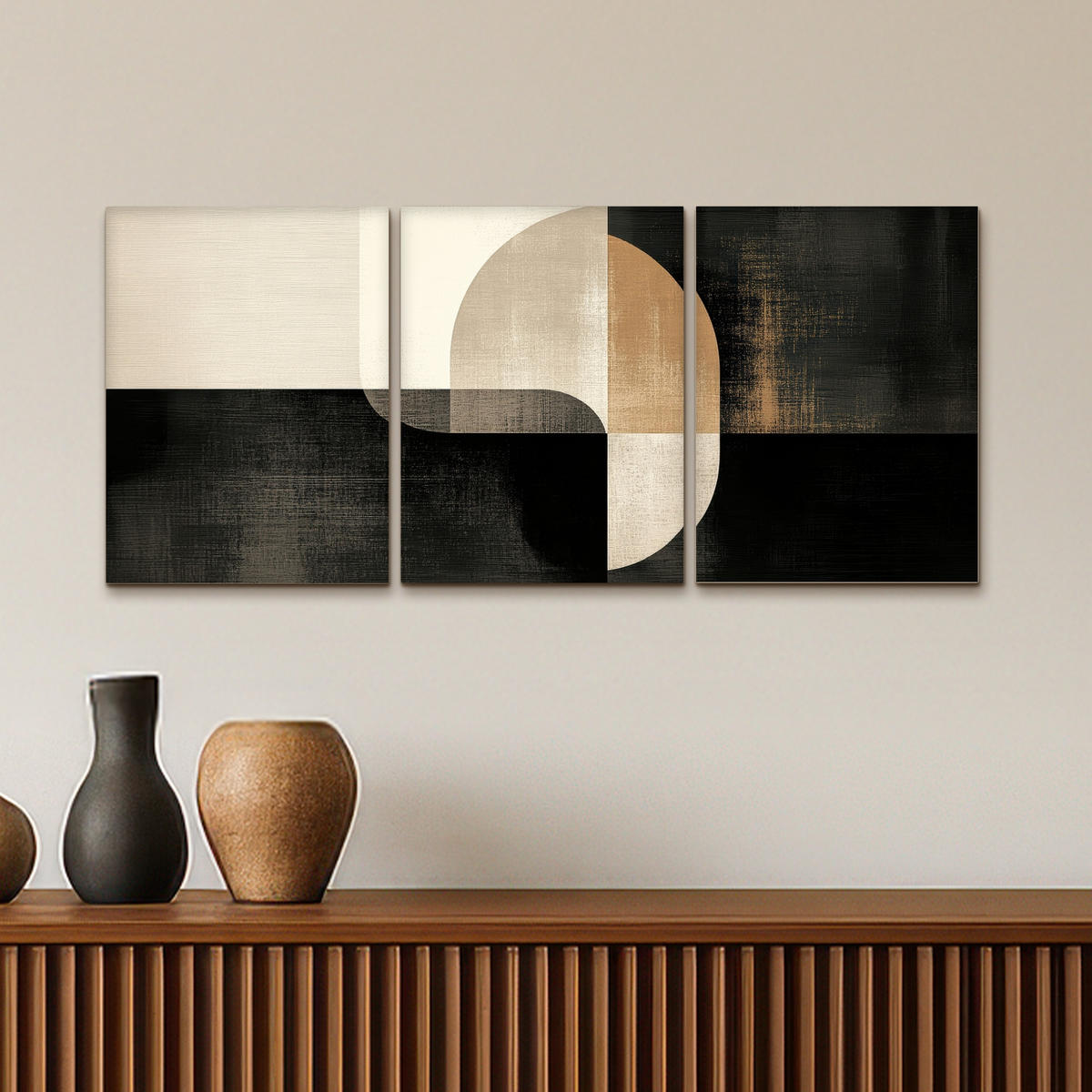 LEINWANDBILD 3er Set Formen - Abstrakt - Gold 90x40 cm - Schwarz, Textil (90/40cm) - MuchoWow