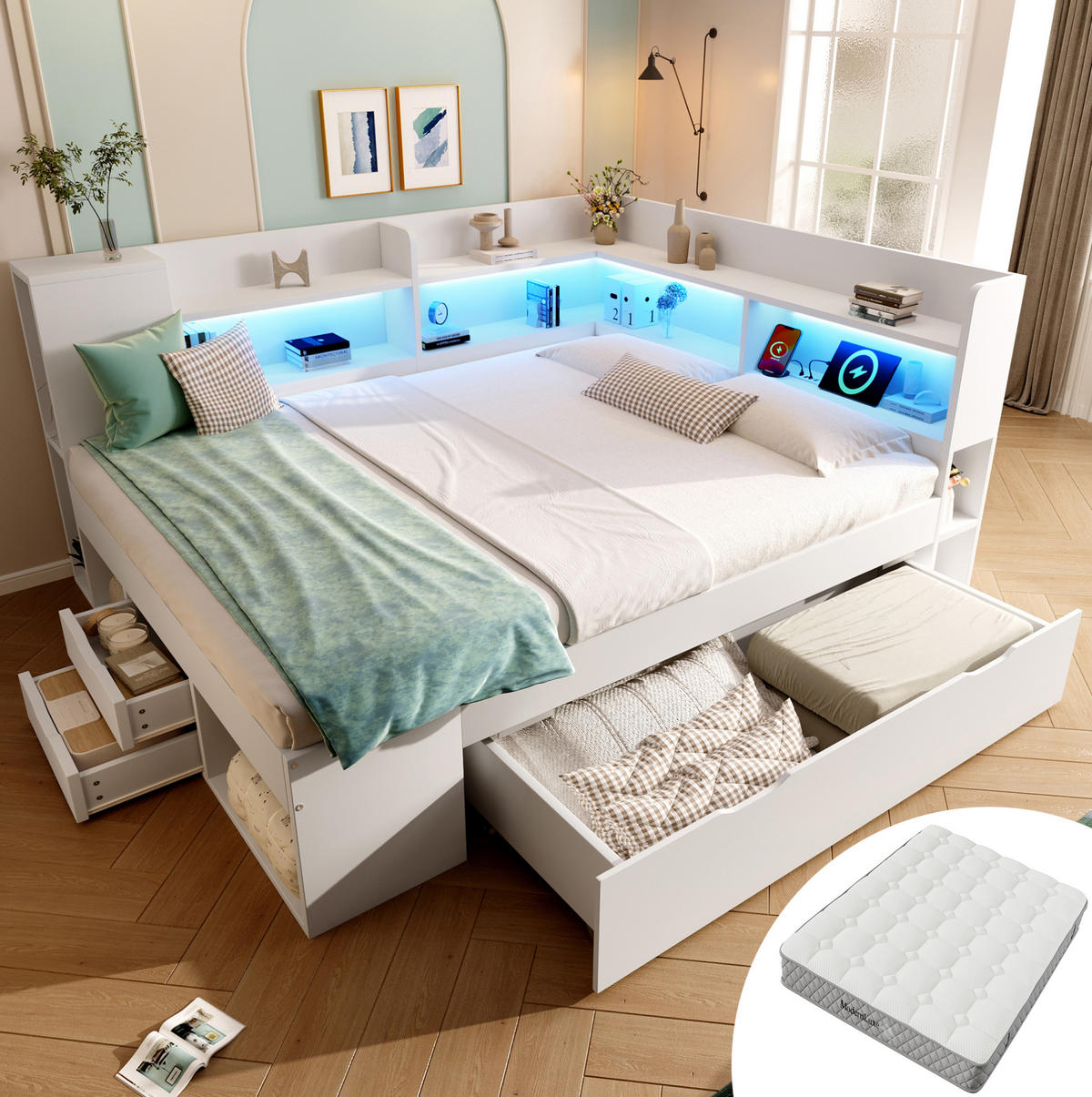 POLSTERBETT 140x200 cm in Weiß mit Matratze & USB-C Ladestation - Weiß, Holzwerkstoff (140/200cm) - Modfu