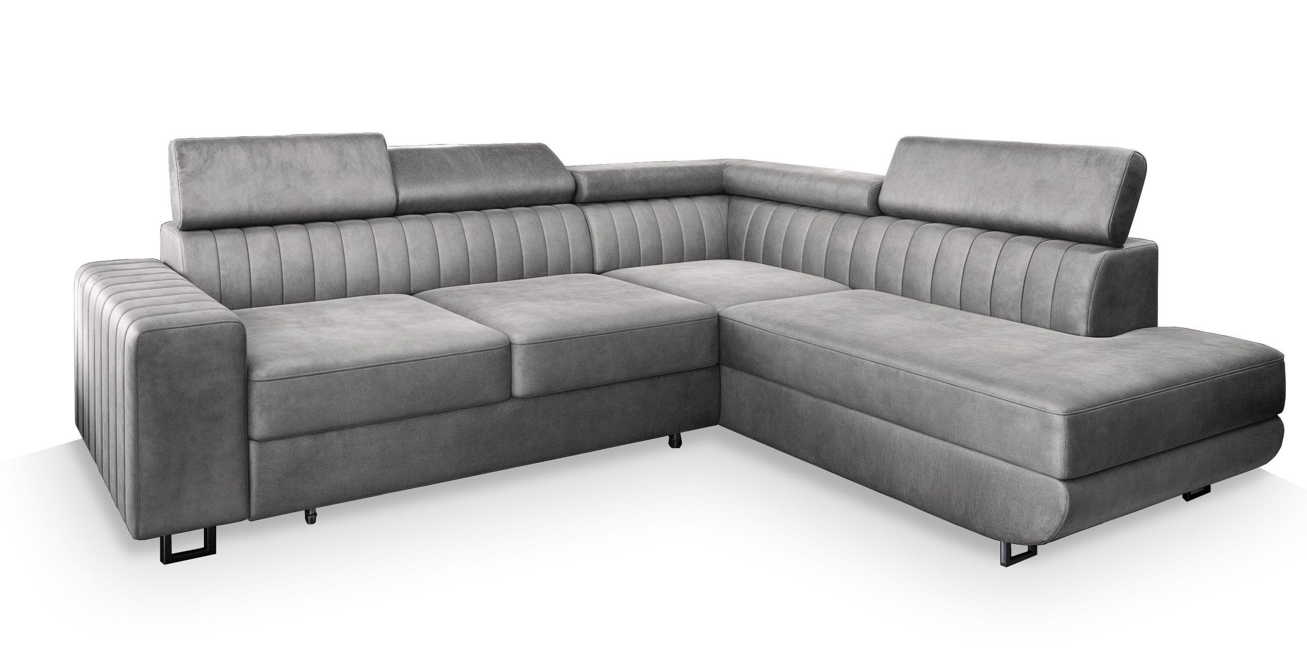 ECKSOFA NOLA R-S Hellgrau Velours-Stoff mit Schlaffunktion - Hellgrau, Holz (253/190cm) - MASSENO