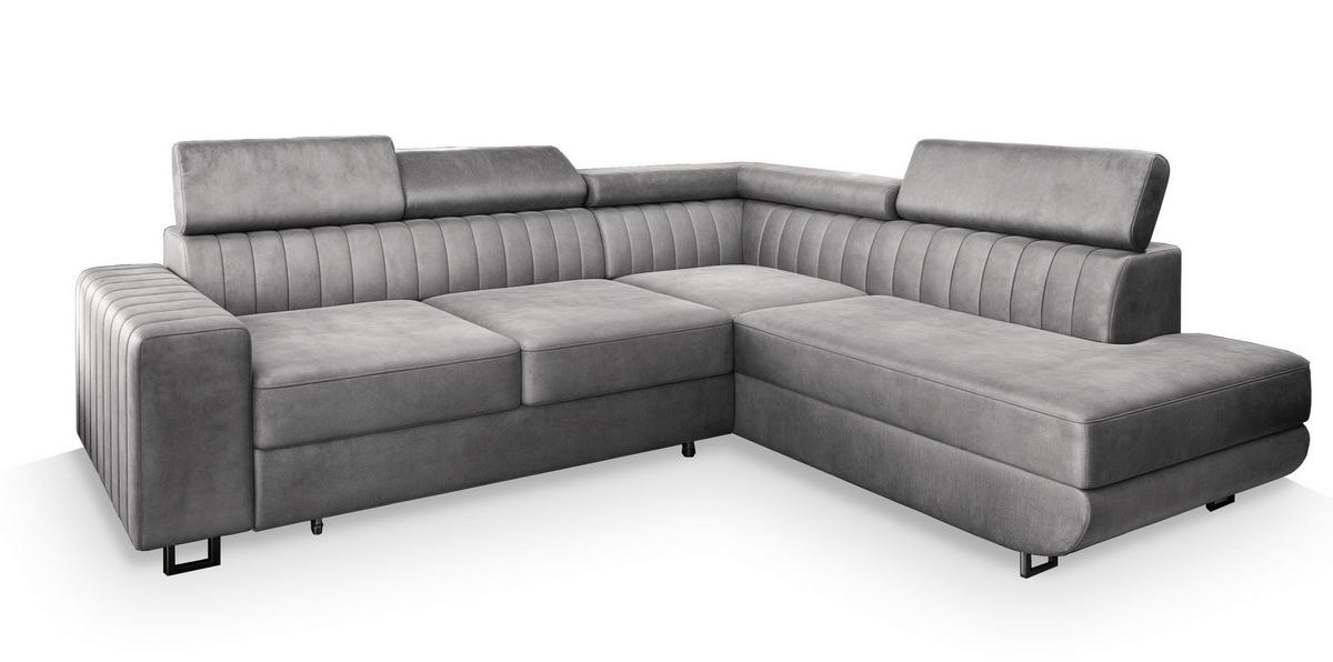 ECKSOFA NOLA R-S Hellgrau Velours-Stoff mit Schlaffunktion - Hellgrau, Holz (253/190cm) - MASSENO