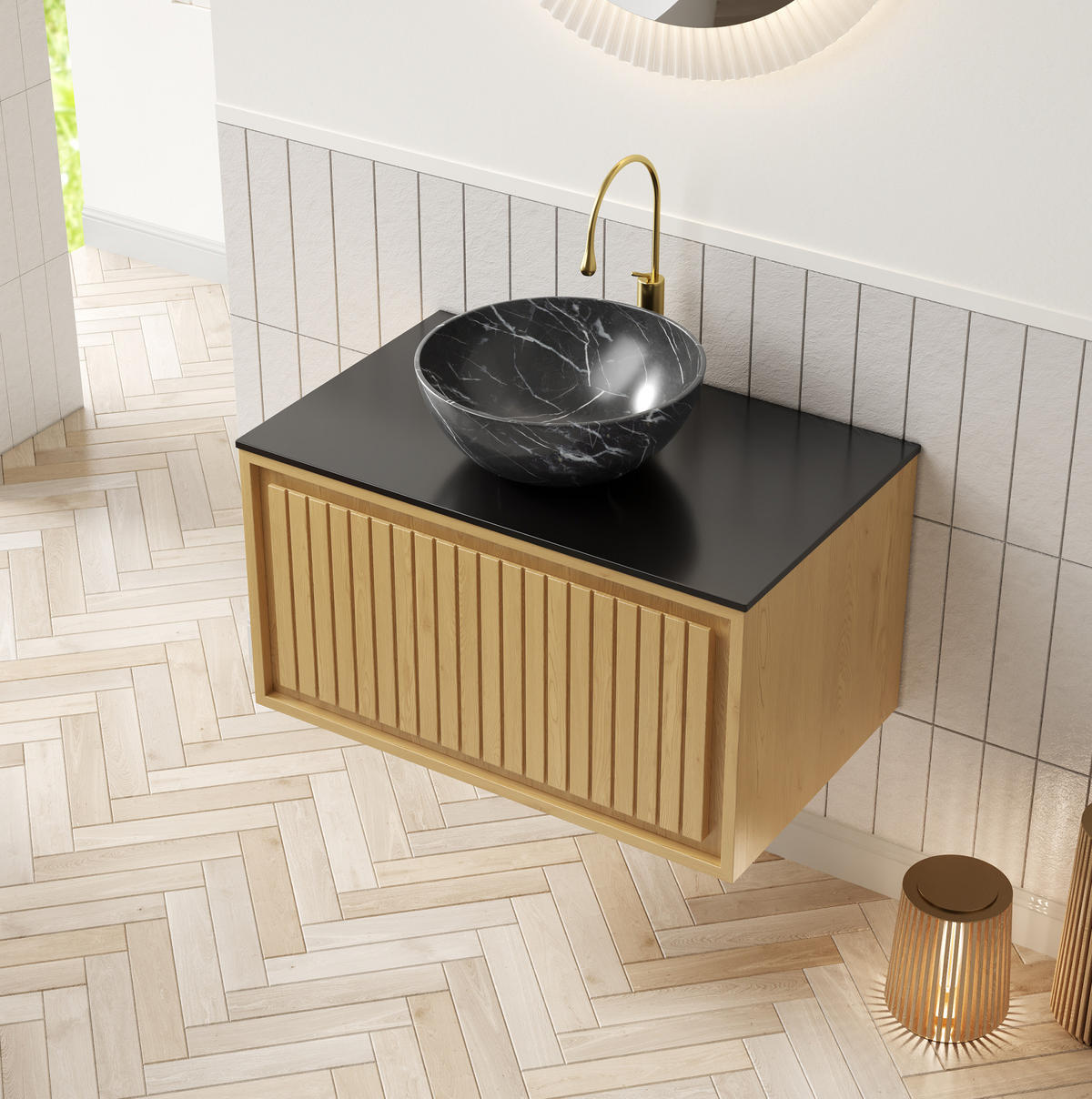 WASCHTISCHKOMBI 76x48x55.1cm Schwarz/Gold mit Sinterstein-Arbeitsplatte & Aufsatzbecken - Goldfarben, Keramik (76/55.1/48cm) - Modfu