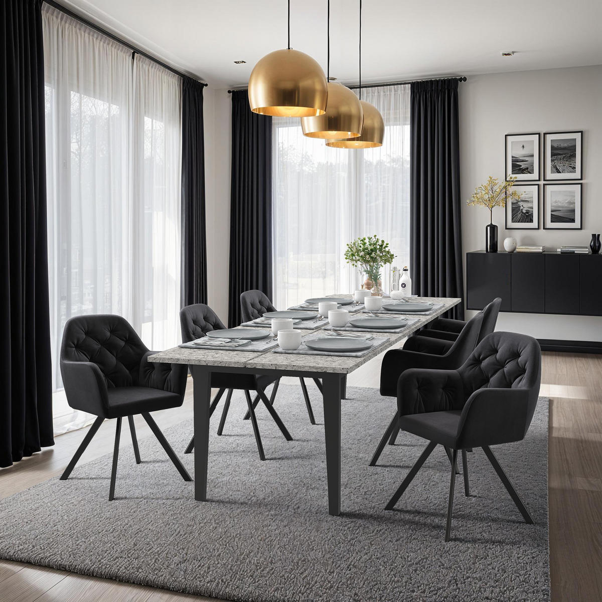 ARMLEHNSTUHL Drehbarer Samt 6er Set Lucia 58 x 58 x 87 cm schwarz - Schwarz, Kunststoff (58/87/58cm) - tectake