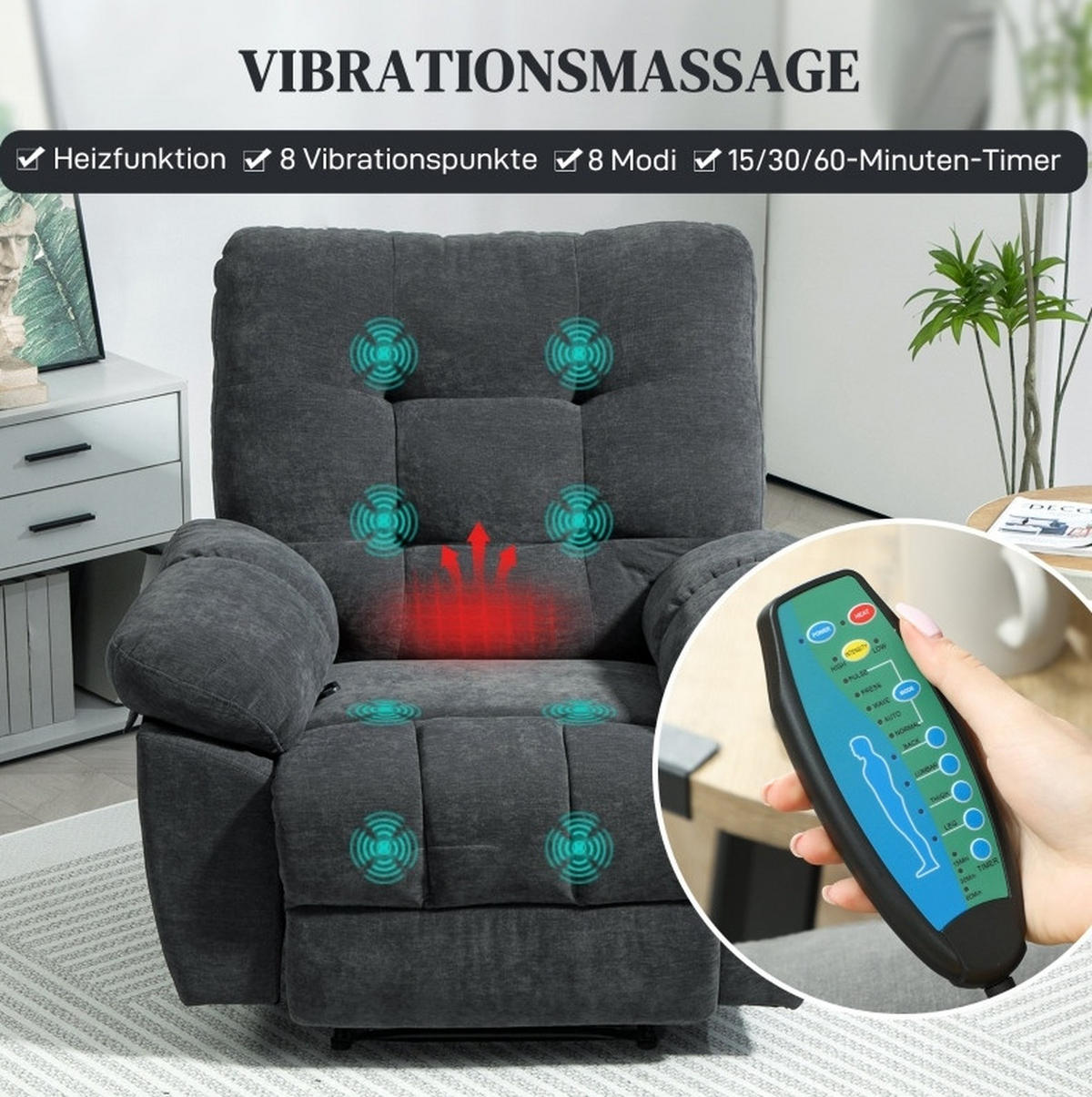 RELAXSESSEL in Dunkelgrau 100x102x107 cm mit Vibrationsmassage und Liegefunktion - Dunkelgrau, Textil (102/107/100cm) - IVMEU