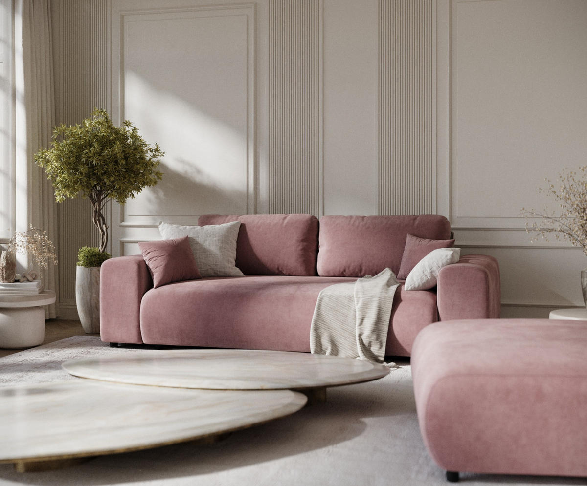 3-SITZER-SOFA Zanzibar Rosa Samtstoff - Schwarz/Rosa, Holz/Holzwerkstoff (213/79/108cm) - Maison de Reve