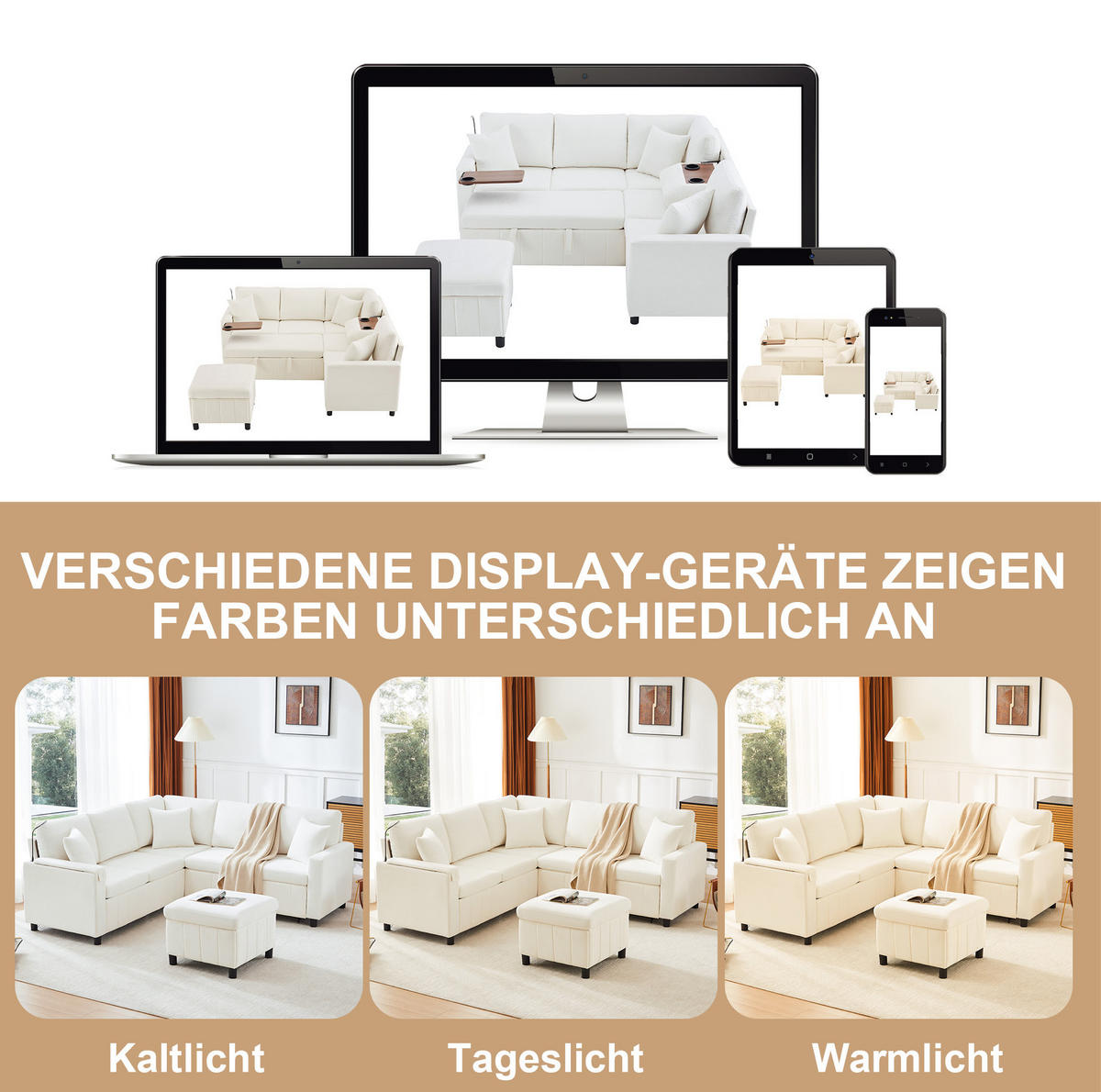 ECKSOFA Chenille mit Schlaffunktion, Hocker und USB-Anschluss 205/205/85 cm Beige - Beige, Textil (205/205cm) - Redom
