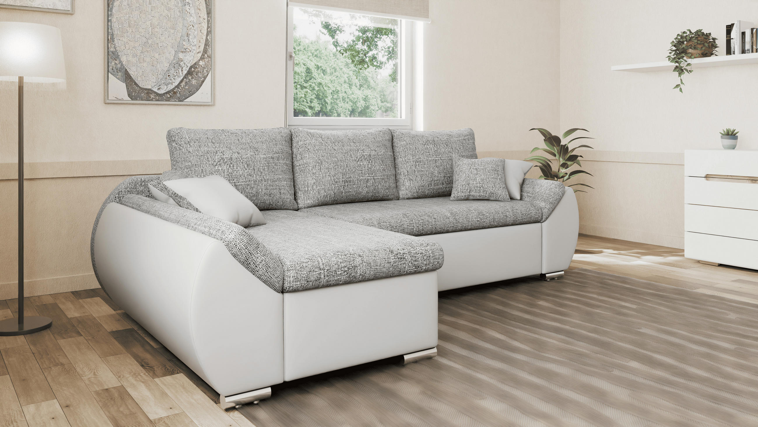 ECKSCHLAFSOFA ALEX – Grau + Weiß (Lawa 05 + Soft 17) + Hocker - Links - Weiß, Holzwerkstoff/Metall (275/155cm) - Möblo