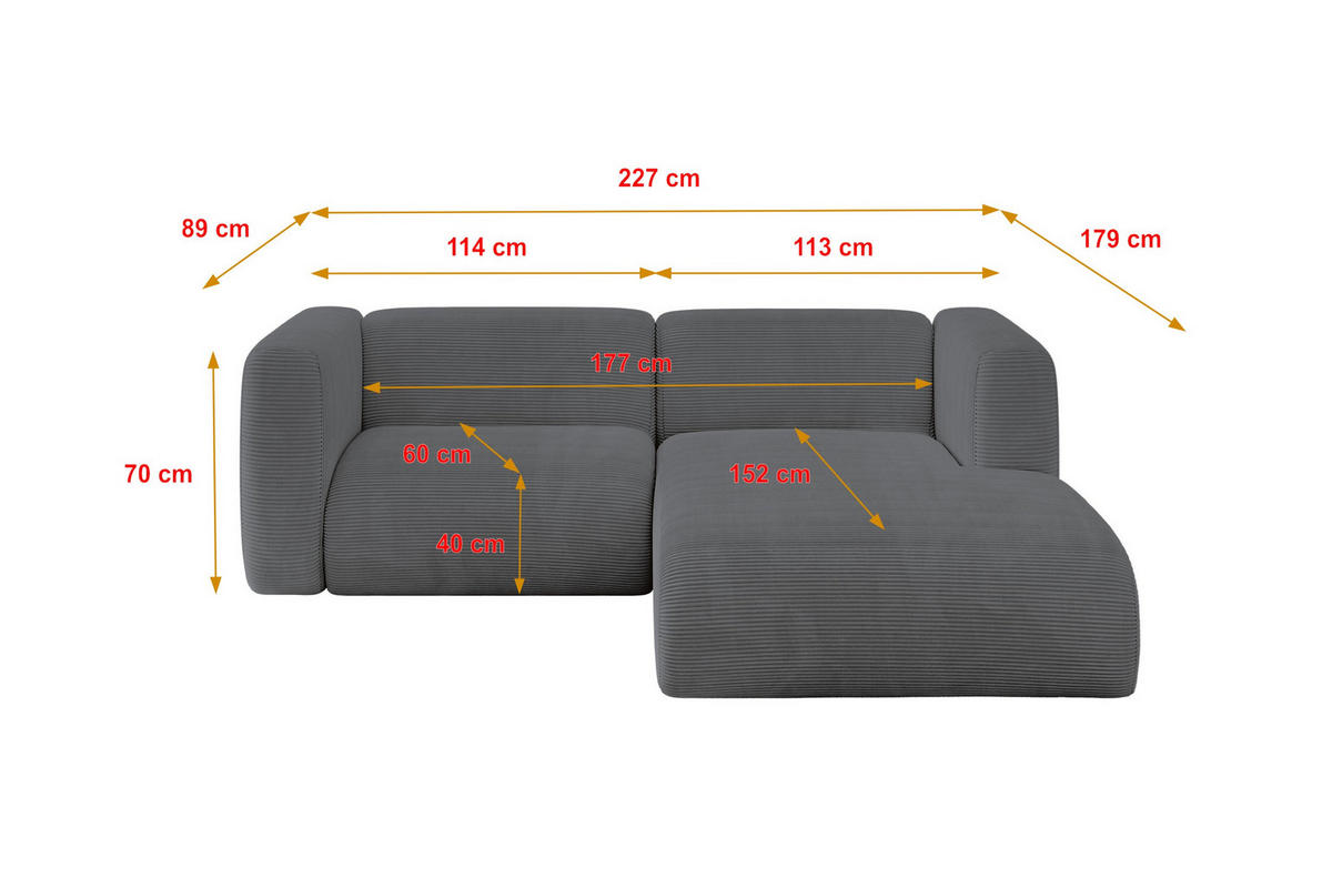 ECKSOFA Ottomane Rechts MIRA-L1 227x179x89 Dunkelgrau Cord - Dunkelgrau/Schwarz, Holzwerkstoff/Kunststoff (227/179cm) - ALTDECOR