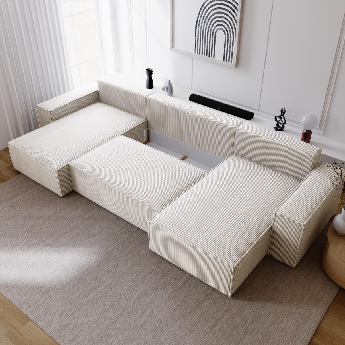 ECKSOFA U 380 cm Bergamo mit Schlaffunktion, Cordstoff, Ecru - Ecru, Holz (377/189cm) - Emporius