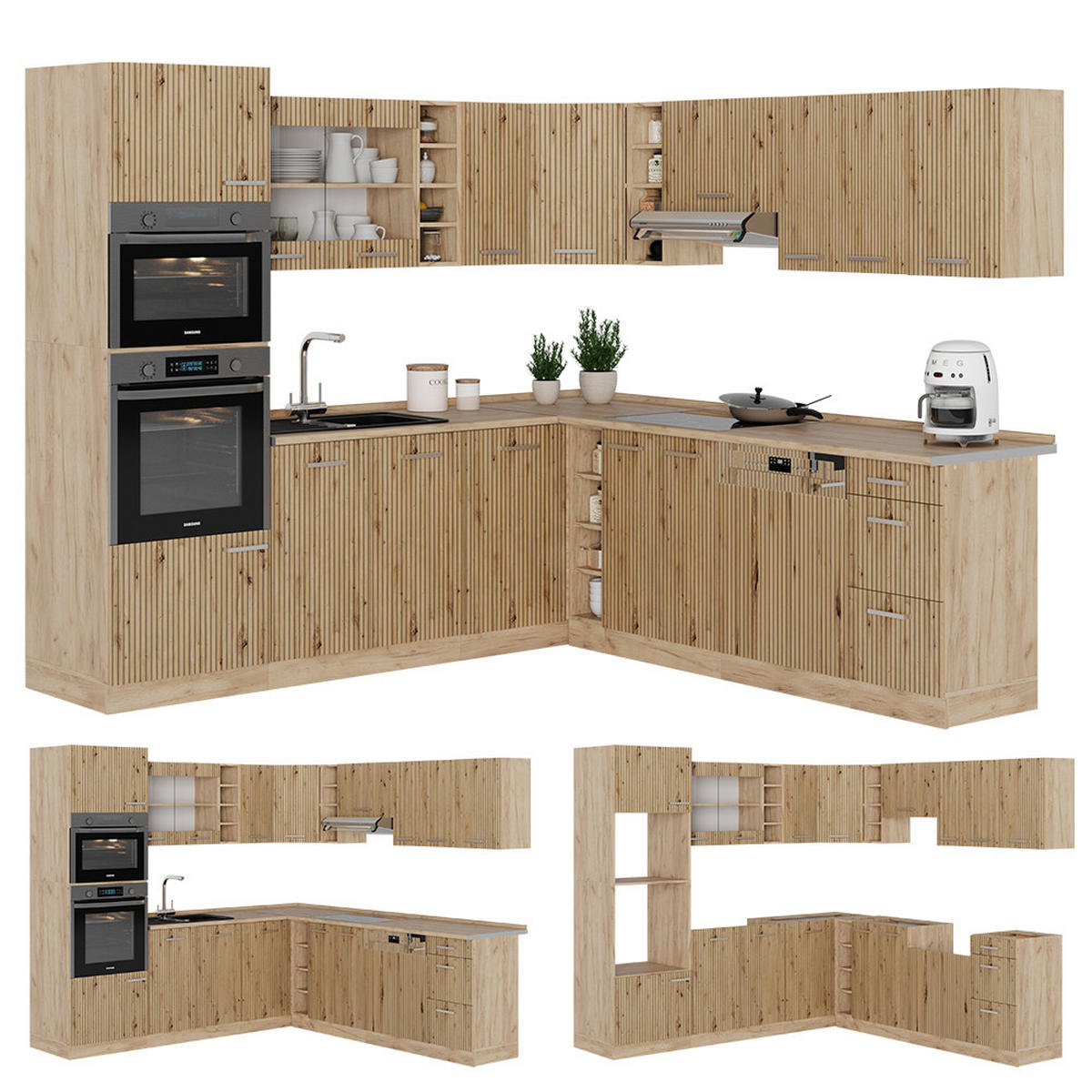 EINBAUKÜCHE R-Line Artisan-Eiche/Goldkraft Eiche 237 x 247 cm ohne AP - Eiche Wotan/Eiche Artisan, Holzwerkstoff (247/81.6/46cm) - Vicco