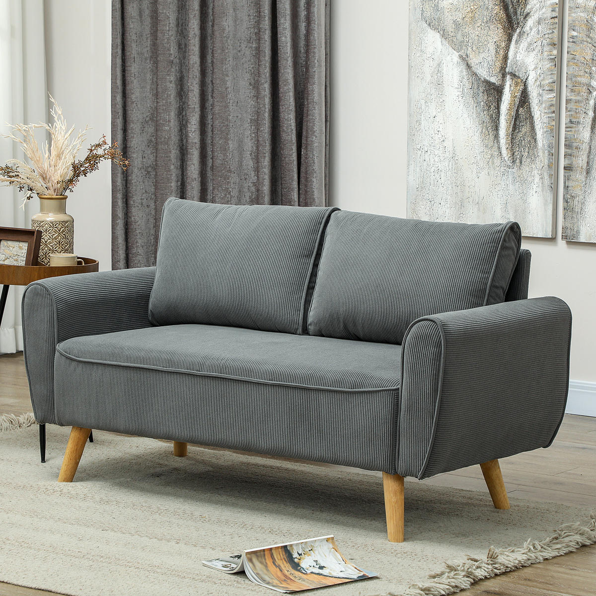 ZWEISITZER Sofa mit 2 Kissen Polstersofa mit 54cm extra tiefen Sitzen Dunkelgrau - Dunkelgrau/Eukalyptusholzfarben, Holz/Textil (75/78/145cm) - HOMCOM