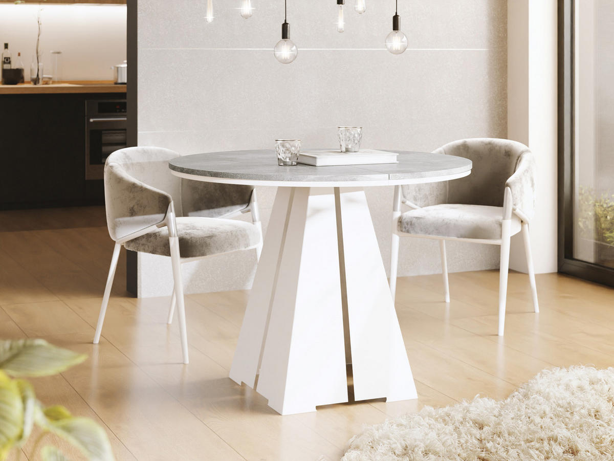 ESSTISCH Kova runder ausziehbarer, Grauer Beton 120-200/120/76 cm - Hellgrau/Weiß, Holzwerkstoff/Metall (120/120/76cm) - WFL GROUP