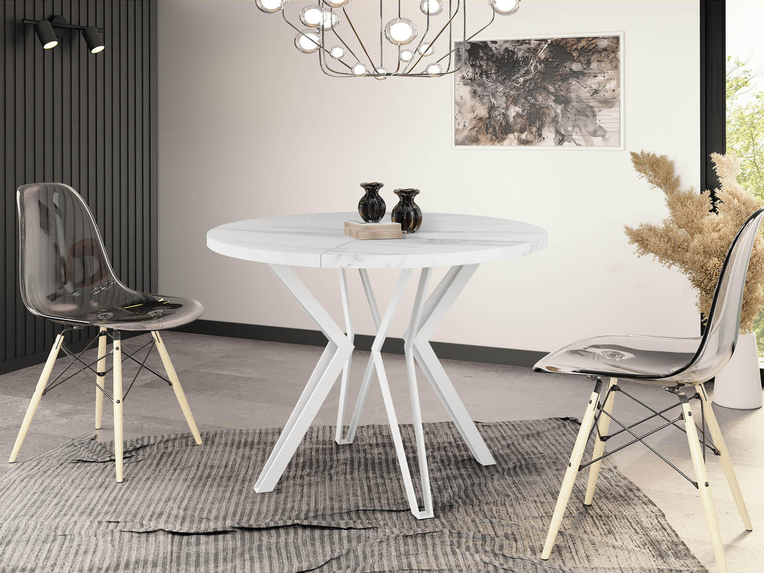 ESSTISCH Austin runder ausziehbarer, Marmor Weiß 100-180/100/76 cm - Ecru/Weiß, Holzwerkstoff/Metall (100/100/76cm) - WFL GROUP