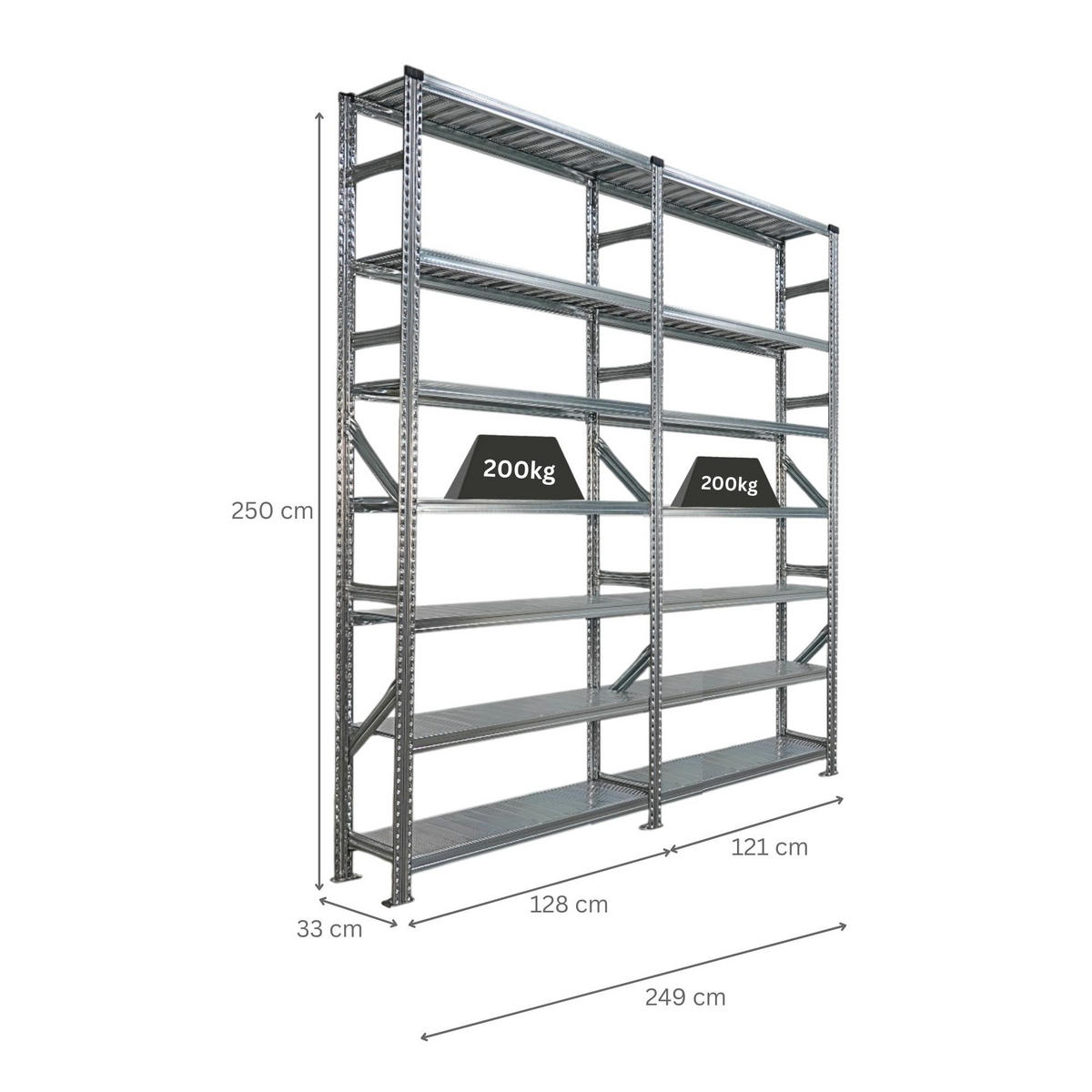 FACHBODENREGAL Proximo Stecksystem 250x240x32cm 7 Ebenen Beidseitig nutzbar Verzinkt - Silberfarben, Metall (240/250/32cm) - PROREGAL