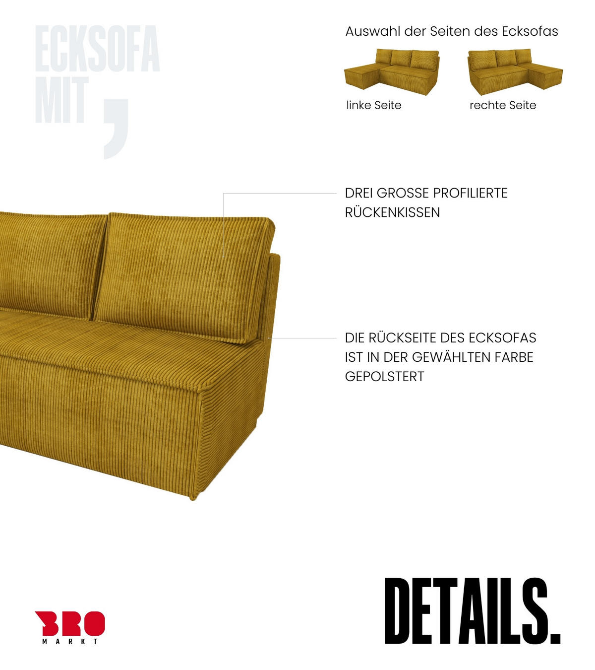 ECKSOFA Hector mit Schlaffunktion Gelb Cord - Gelb, Textil (200/141cm) - Bromarkt