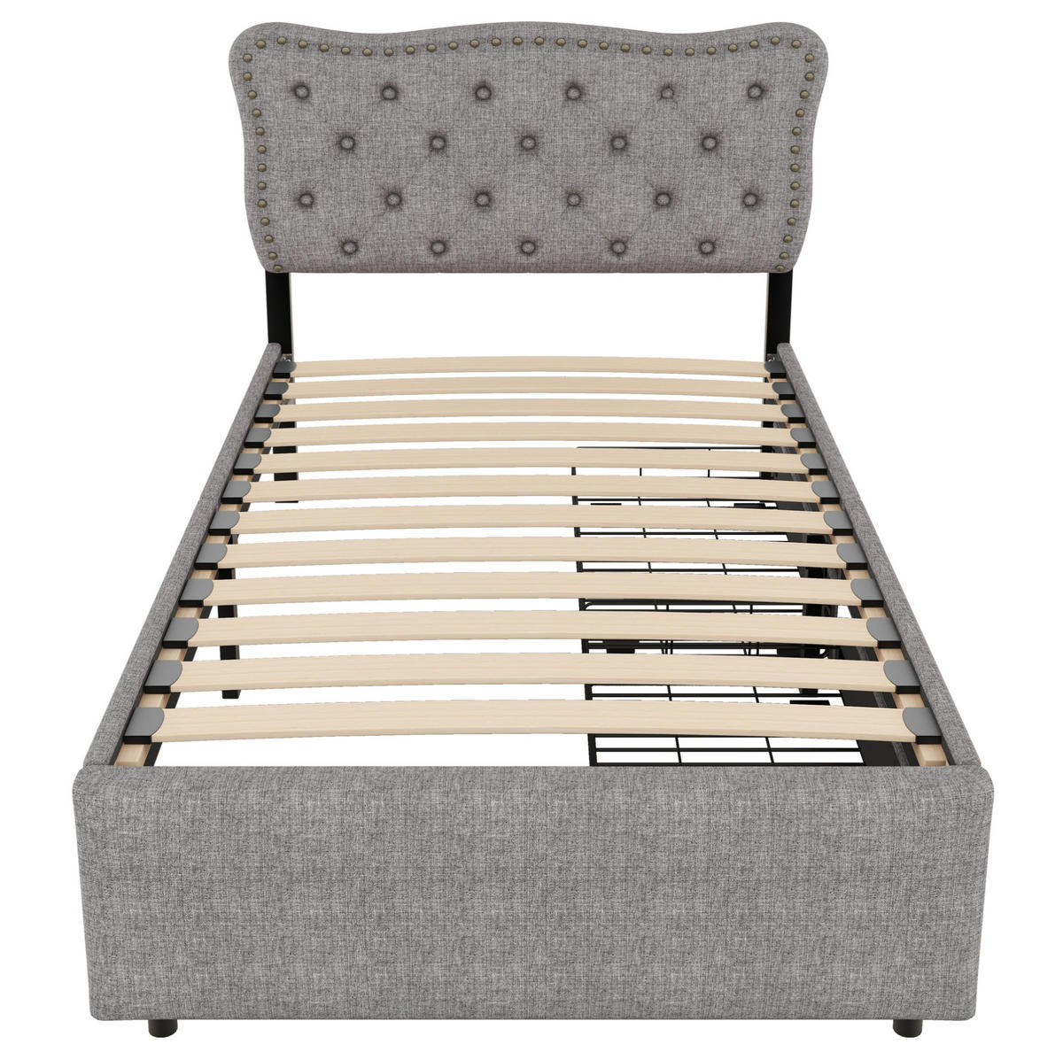 POLSTERBETT 90/200 cm mit 2 Schubladen, verstellbarem Kopfteil und Ziernieten, Grau - Grau, Holzwerkstoff (90/200cm) - Redom