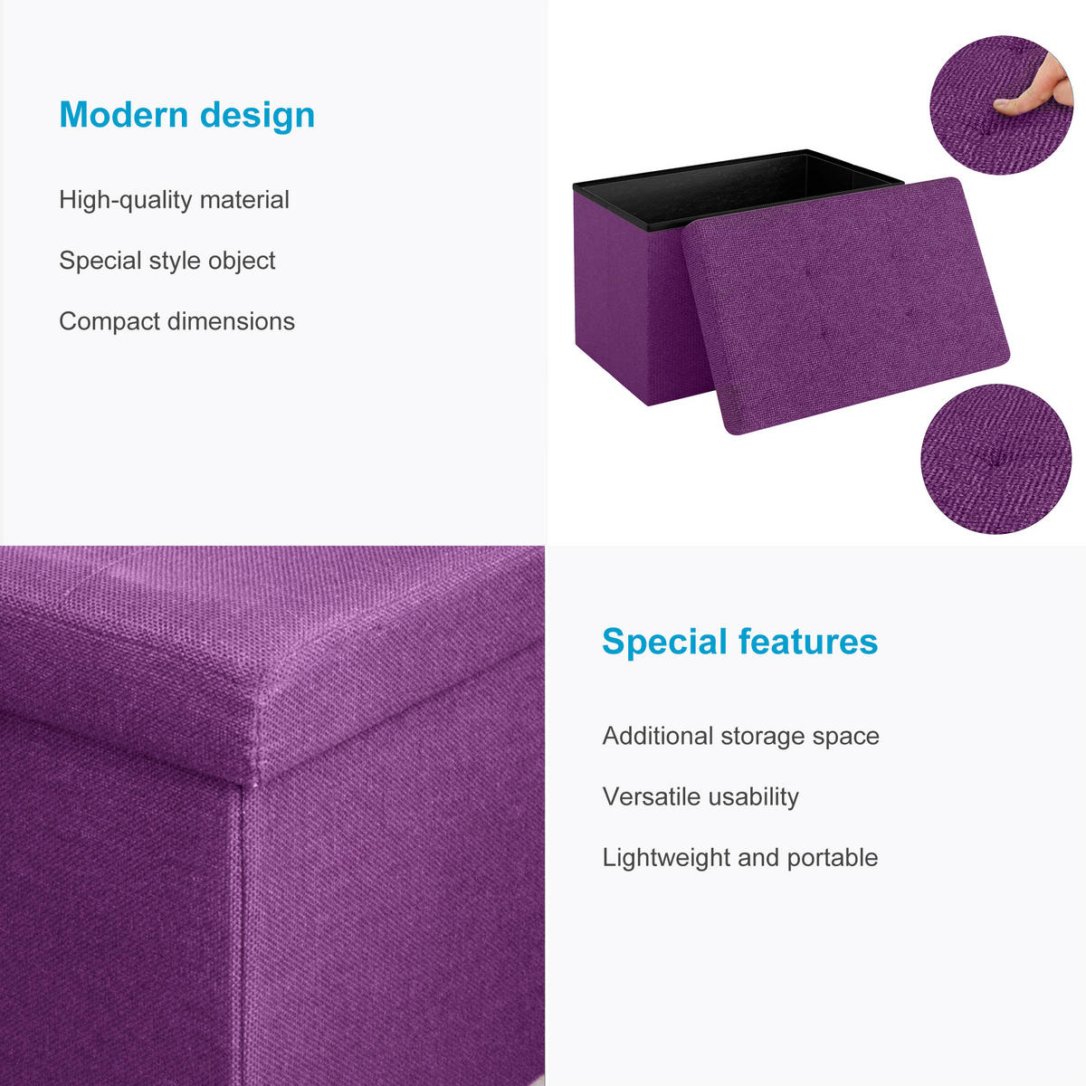SITZBOX Faltbar mit Stauraum 49/30/30 cm (Lila) - Lila, Textil (30/30/49cm) - Intirilife