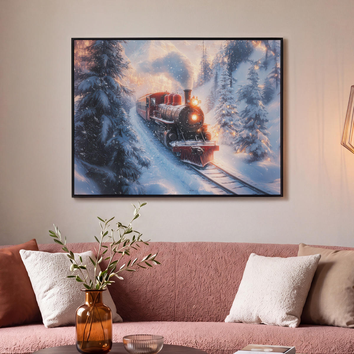 LEINWAND Bilder mit Rahmen - Weihnachtszug - Schnee - Winter - Weihnachten - 100x70 - Dunkelrot, Textil (100/70cm) - MuchoWow