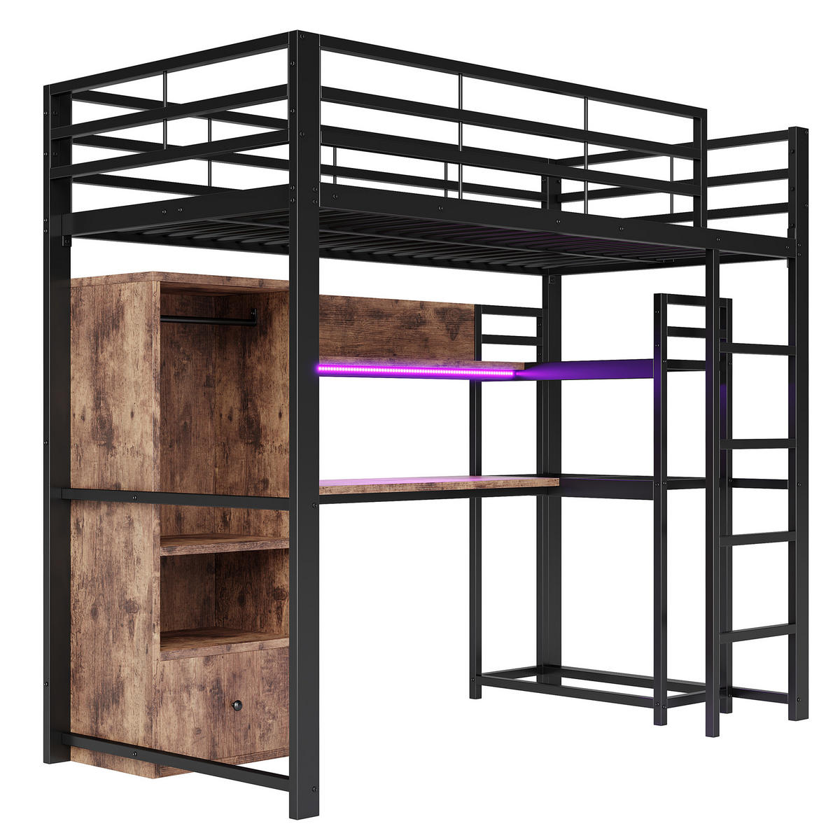 HOCHBETT 90/200 cm in Schwarz mit Schreibtisch, 1 Schublade, Regal und LED - Schwarz, Holzwerkstoff/Metall (90/200cm) - STILVORA