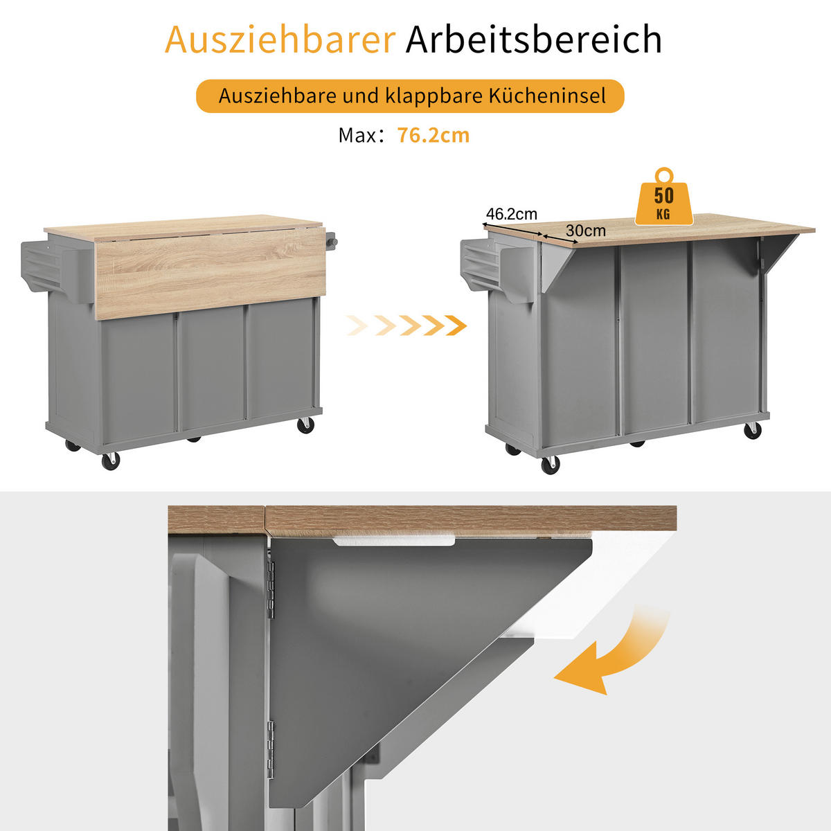 KÜCHENINSEL 112/46,2-76,2/92,7 cm Grau mit Ausziehbarer Arbeitsplatte, Mülleimerfach und 2 Schubladen - Grau, Holz/Holzwerkstoff (131.2/92.7/46.2cm) - Oxeza