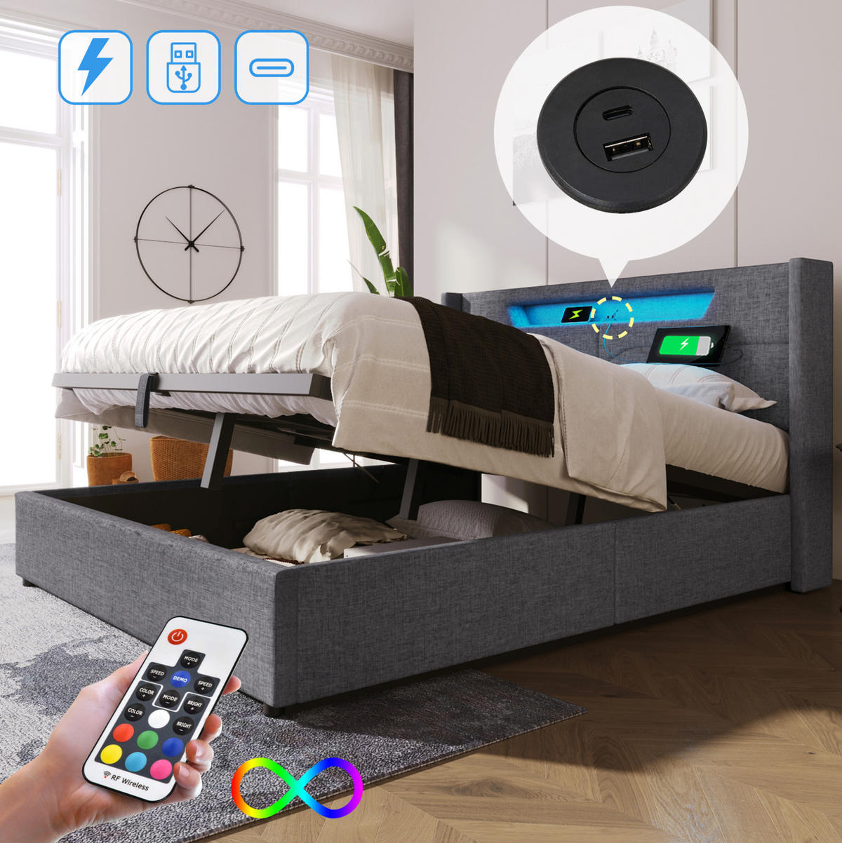 POLSTERBETT 160x200 cm in Grau mit LED-Beleuchtung, USB-C und Bettkasten - Grau, Textil (160/200cm) - IVMEU