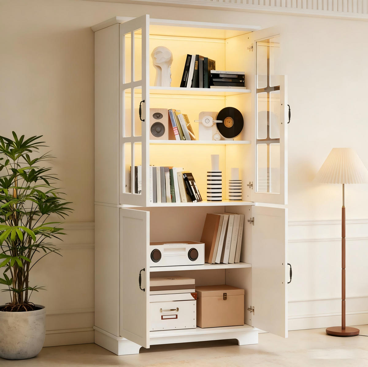 VITRINENSCHRANK 80 x 38 x 180 cm Weiß mit 4 Türen Landhausstil - Weiß, Holzwerkstoff (38/180/80cm) - Beauniv