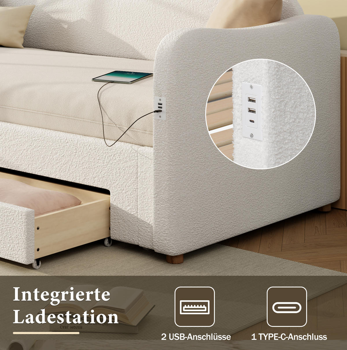 POLSTERBETT 90/200 cm ausziehbar auf 180/200 cm mit 2 Schubladen, USB- und USB-C-Anschluss, Bouclé, Beige - Beige, Textil (90/200cm) - Redom