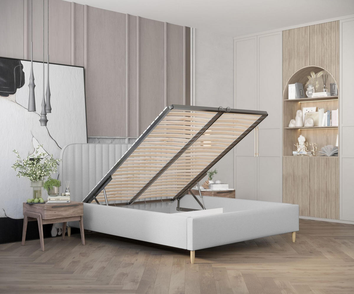 POLSTERBETT Noto Hellgrau 120/200 cm im Webstoff - Hellgrau/Naturfarben, Holz/Holzwerkstoff (120/200cm) - Maison de Reve