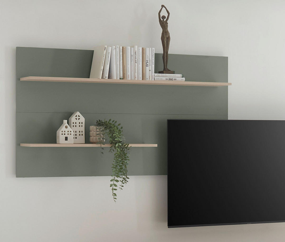 WANDPANEEL Salbei grün, Barista Eiche 155 x 80 cm, Wandregal mit 2 Ablagebödem - Salbeigrün/Eichefarben, Holzwerkstoff/Metall (155/80/20cm) - Furn.Design