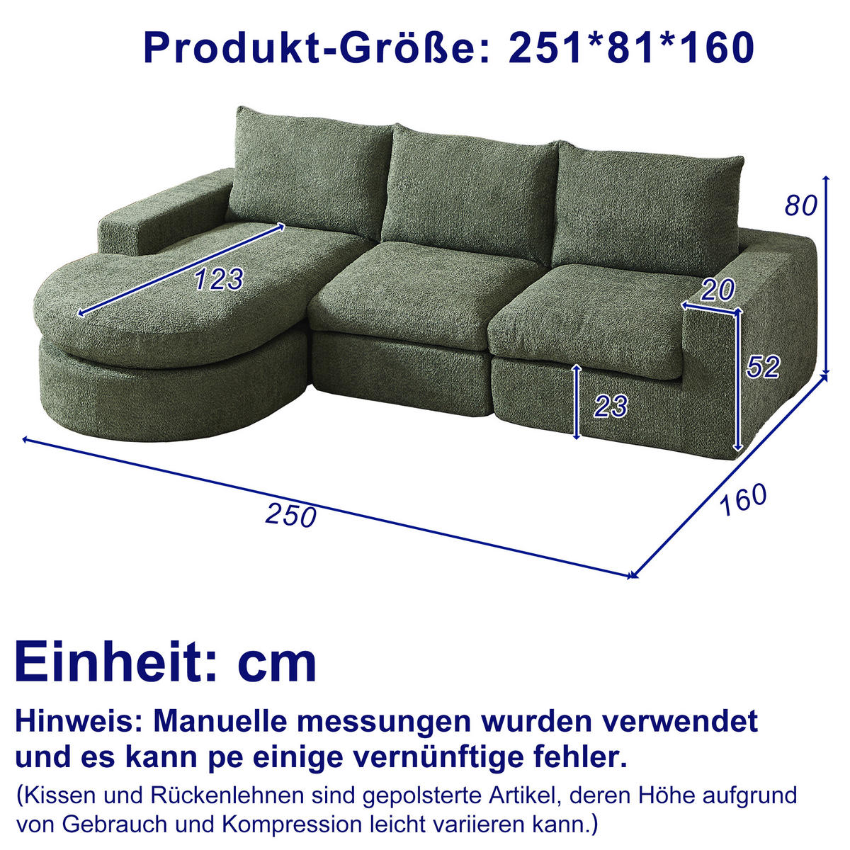 ECKSOFA 3-Sitzer Chenille Grün mit Kissen - Grün, Textil/Metall (250/160cm) - WISHDOR