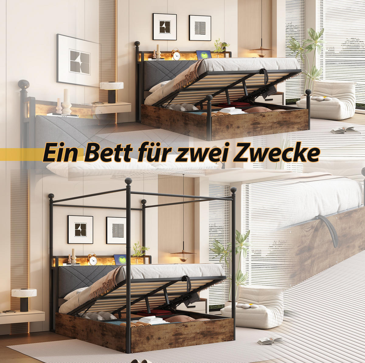 KREVET 140/190 cm s odvojivim baldahinom, LED osvjetljenjem, USB/Type-C priključkom i hidrauličnim spremištem, Crna - crna, metal (140/190cm) - Redom