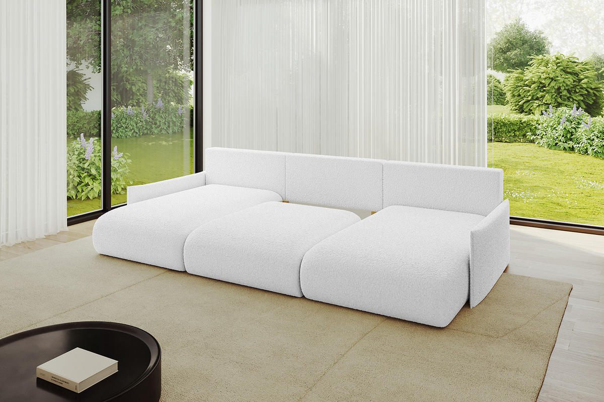 WOHNLANDSCHAFT mit Schlaffunktion und Bettkasten ONESK-U-v1 304x165x40 Weiß Bouclé - Weiß, Holzwerkstoff/Kunststoff (304/90/165cm) - ALTDECOR