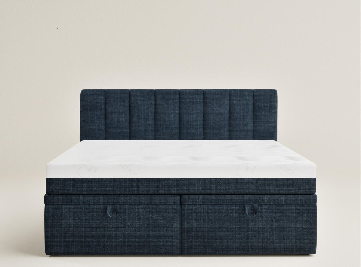 BOXBETT 180/200 cm Lovage S, in Marineblau, Matratze, gepolstertes Kopfteil, Bettkasten, H3 = fest - Schwarz/Dunkelblau, Holz/Holzwerkstoff (180/200cm) - Maison de Reve