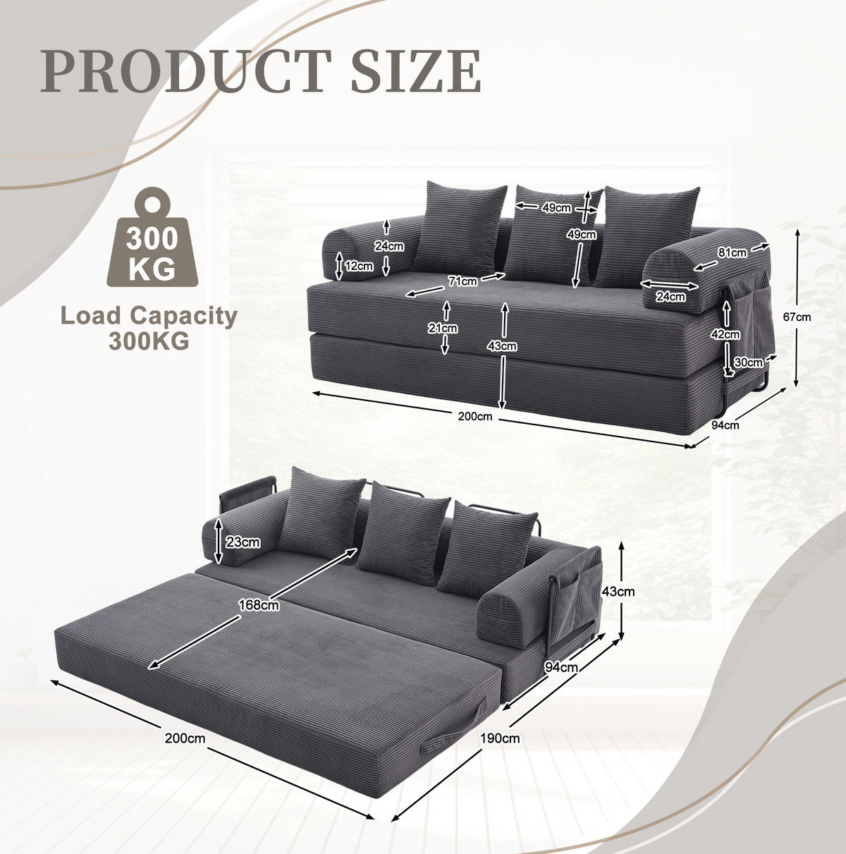 SOFA modular mit Seitentasche 200 x 94 x 67 cm Cord Dark Gray inkl. 3 Kissen - Dunkelgrau, Kunststoff (94/67/200cm) - Meubliv