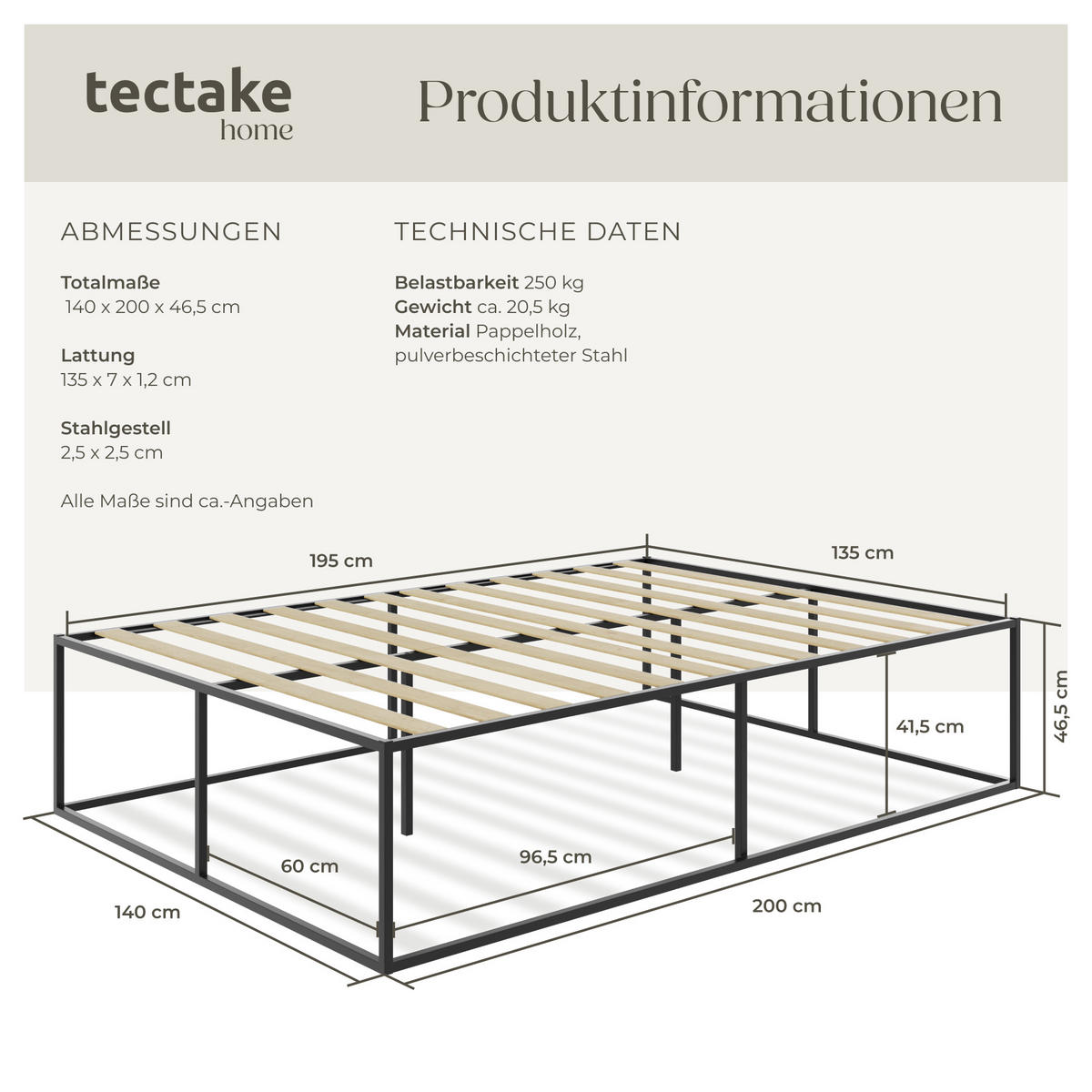 BETT Kyoto,Belastbarkeit 250 kg, bodenschonende Kunststoffkappen,schwarz - Schwarz, Metall - tectake