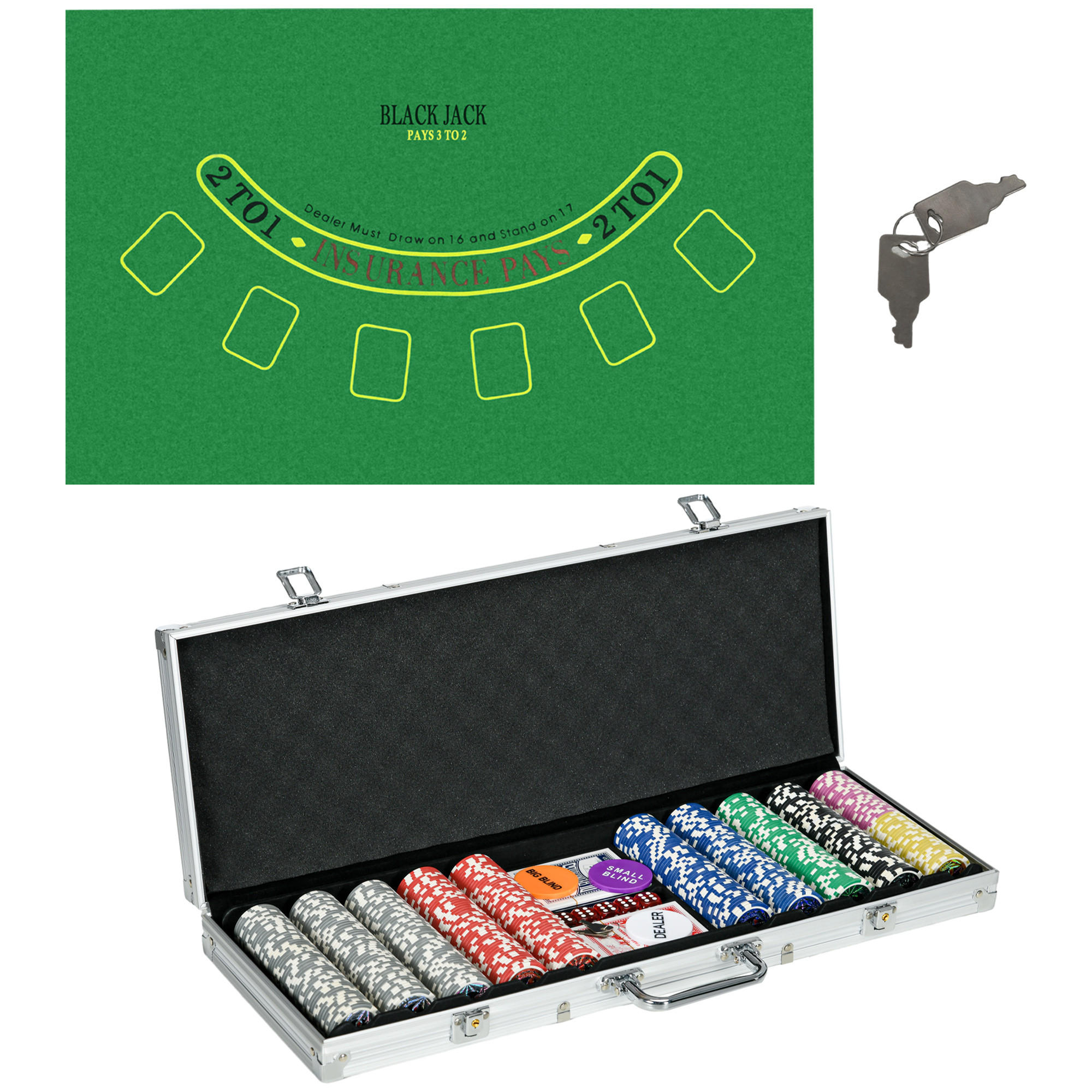 POKERKOFFER Set, 500 Pokerchips 11,5 Gramm, Pokerset mit Schloss Silber - Silberfarben, Metall (23.5/56cm)