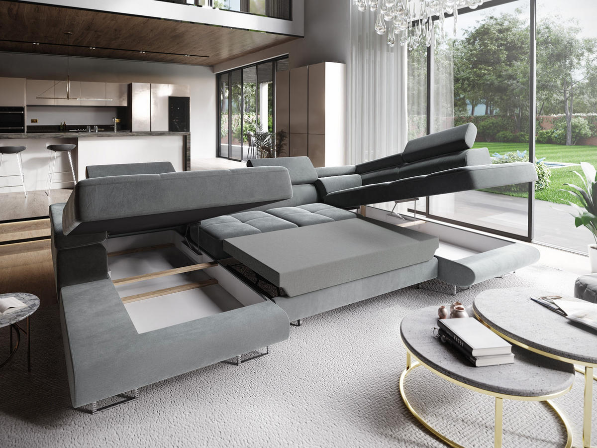 WOHNLANDSCHAFT CASONE R-S Grau Velours-Stoff mit Schlaffunktion - Grau, Holz (345/90/202cm) - MASSENO