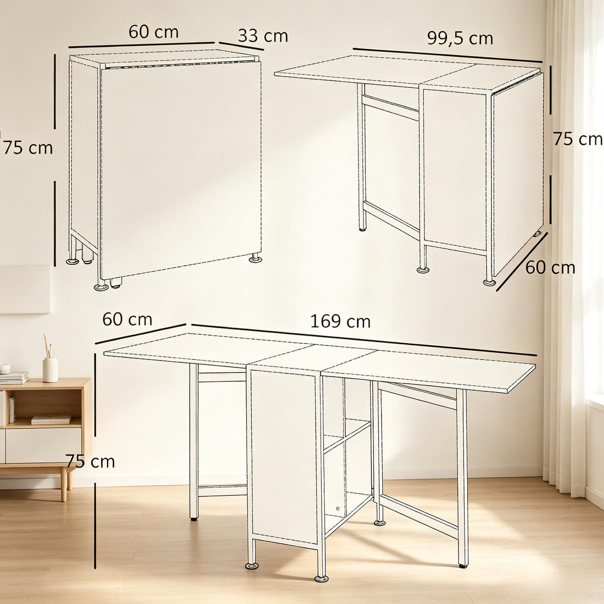 KLAPPTISCH 30-170/60/75 cm mit Ablagefach DE-39941 Eiche+Weiß - Eichefarben, Holzwerkstoff (62/169/75cm) - ComfortXL
