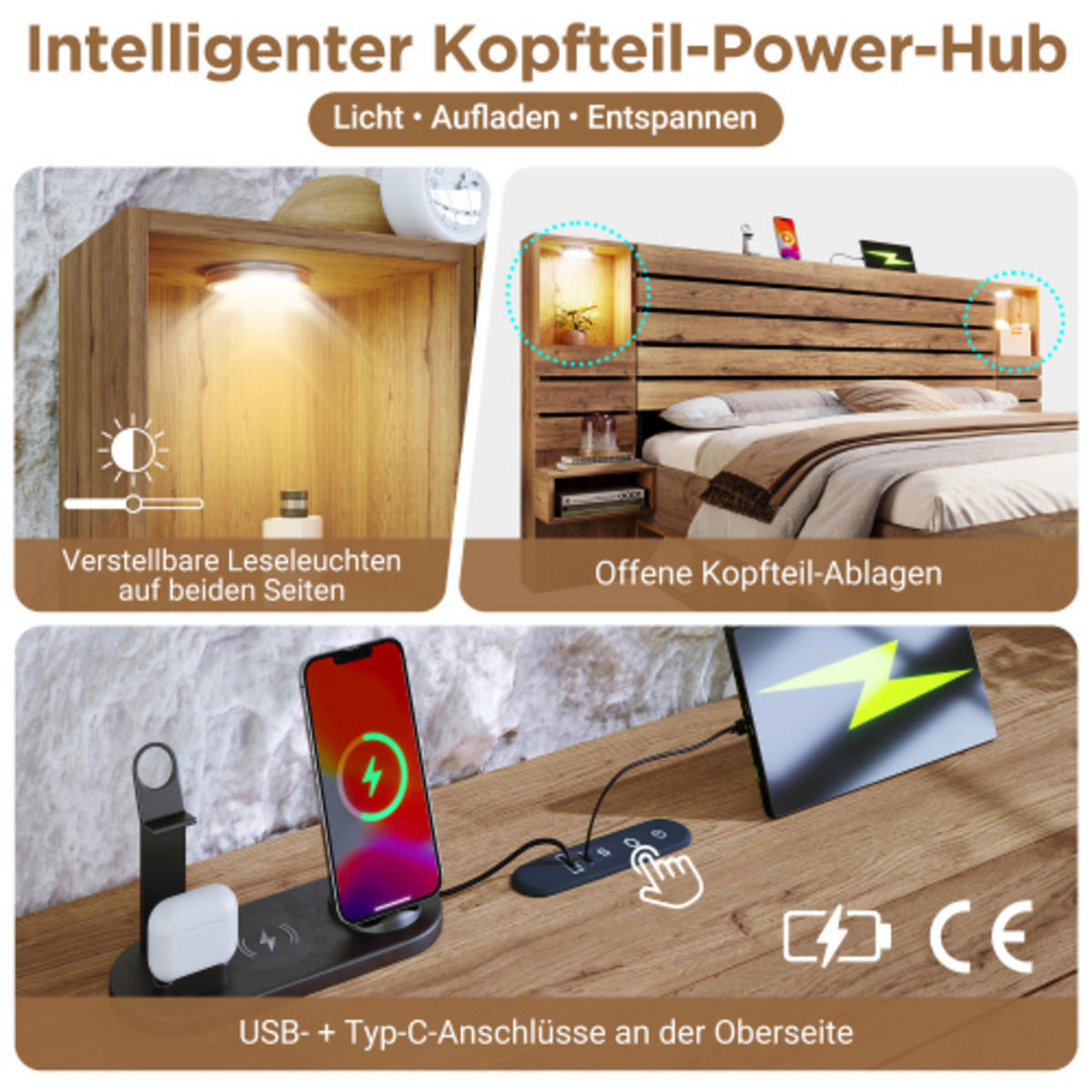 POLSTERBETT 160×200 cm aus Holz mit LED-Downlights und USB-C-Ladefunktion, eiche - Eichefarben, Holz (160/200cm) - Luhomfu