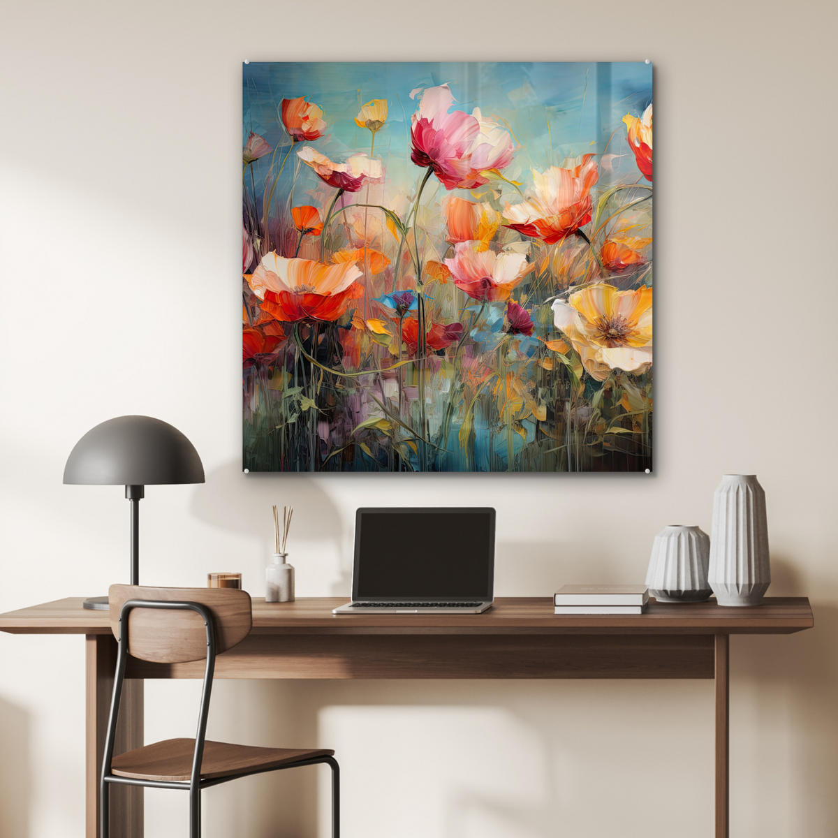 ACRYLGLASBILD Blumen - Aquarell - Kunst - Botanisch - Natur 90x90 cm - Orange, Glas (90/90cm) - MuchoWow