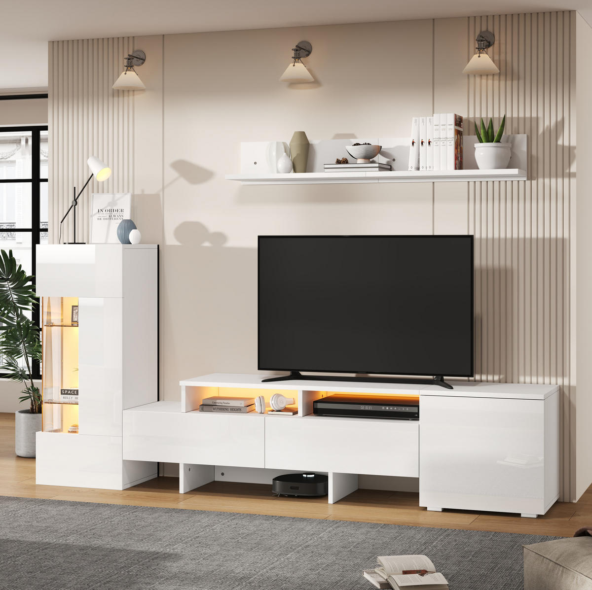 TV-WOHNWAND 3-teilig 170/35/45 cm aus Spanplatte mit LED-Beleuchtung und Hochglanzfront Weiß - Weiß, Holzwerkstoff (170/45/35cm) - Modenvie