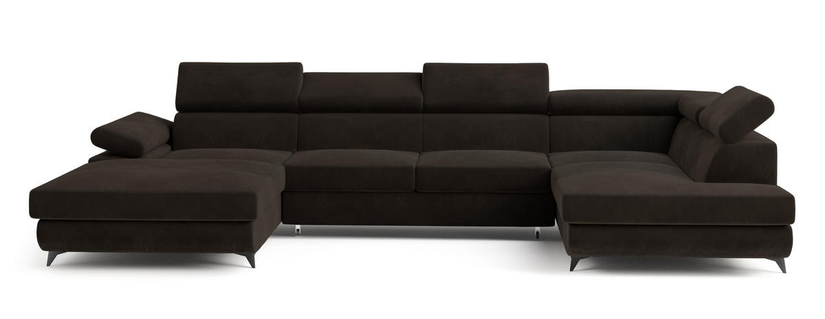 WOHNLANDSCHAFT RUBANO R-S Braun Velours-Stoff mit Schlaffunktion - Braun, Holz (339/89/190cm) - MASSENO